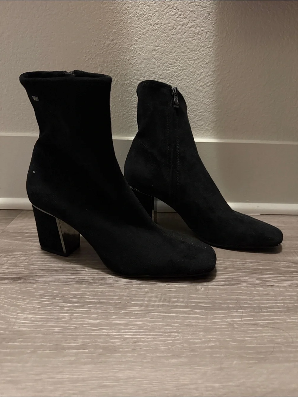 Dkny Black Suede Block Heel Sock Ankle Boots